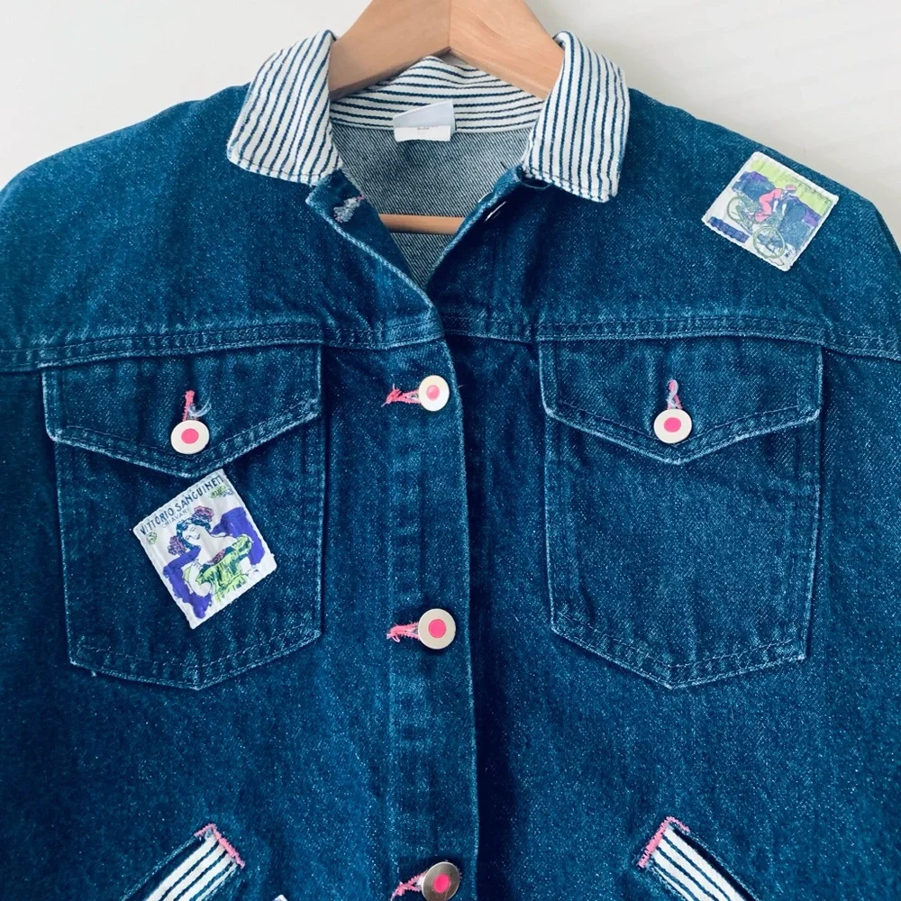 Vintage OshKosh Denim Jacket Stripe Collar Patchwork Size 12 Dark Blue Granola